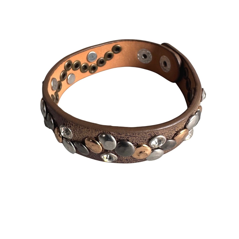 Womens Brown Studded Leather Cuff Bracelet Mixed Metal Rhinestone Snap Boho Edgy